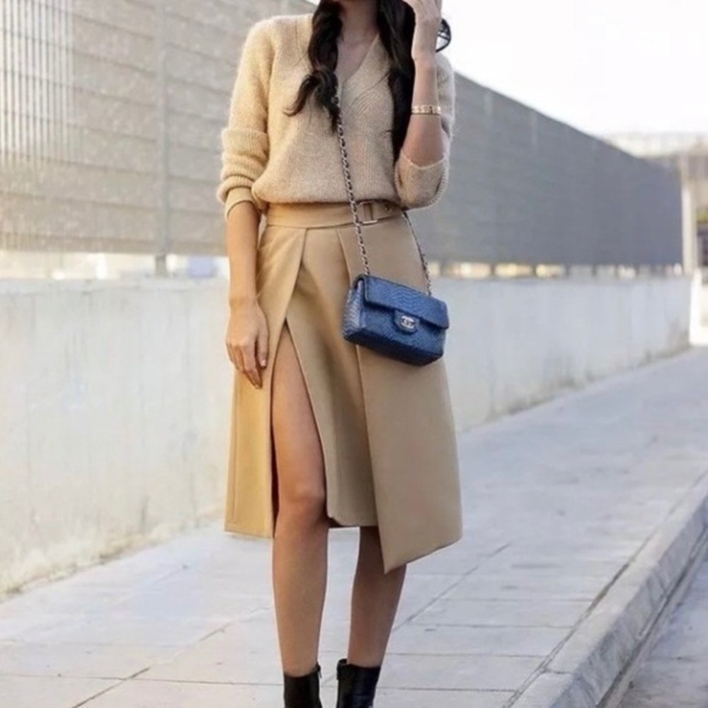 NWT ZARA Woman Camel Faux Wrap Belt Pleated Asymmetrical Skirt Size XS